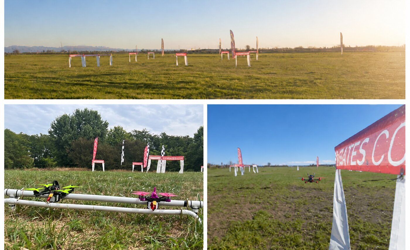 Campo Freemodels con droni FPV alla partenza e drone racer sotto un gate